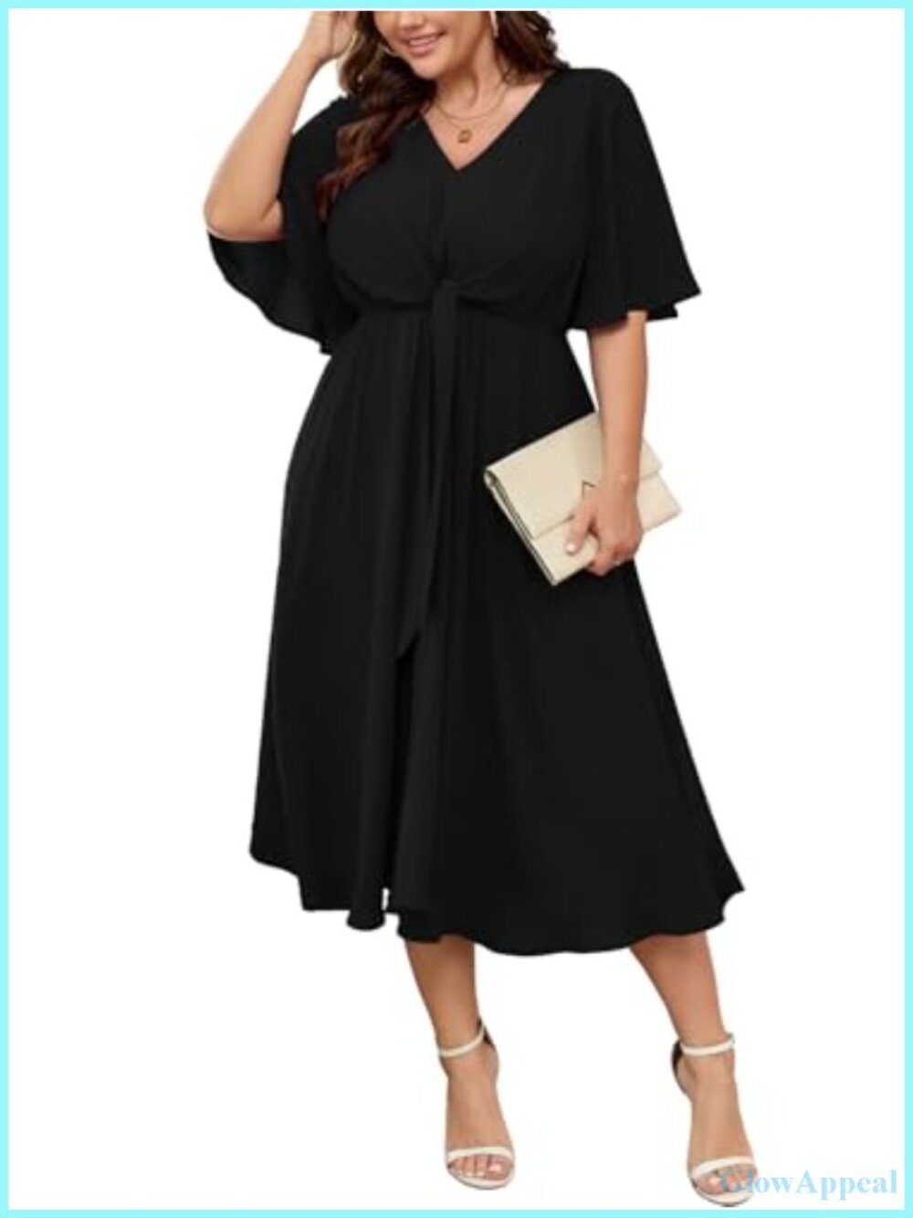 Plus Size Midi Dress V-Neck Tie Waist Short Sleeve Flowy Wedding Guest